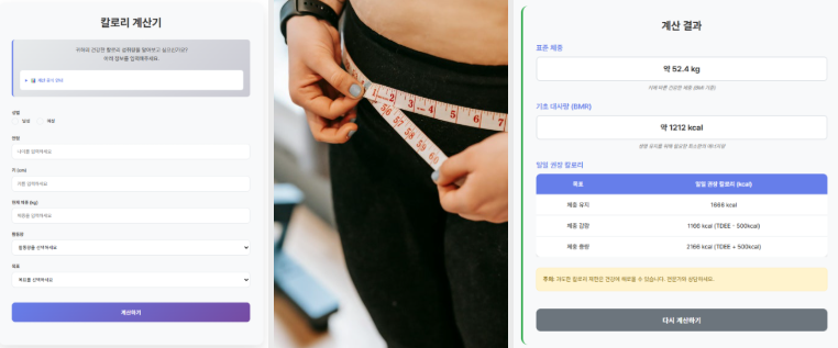 트롤넷 칼로리 계산기의 직관적인 사용자 인터페이스. 사용자가 성별, 나이, 체중, 활동 수준 등을 입력하여 칼로리 목표를 정확하게 계산할 수 있습니다.